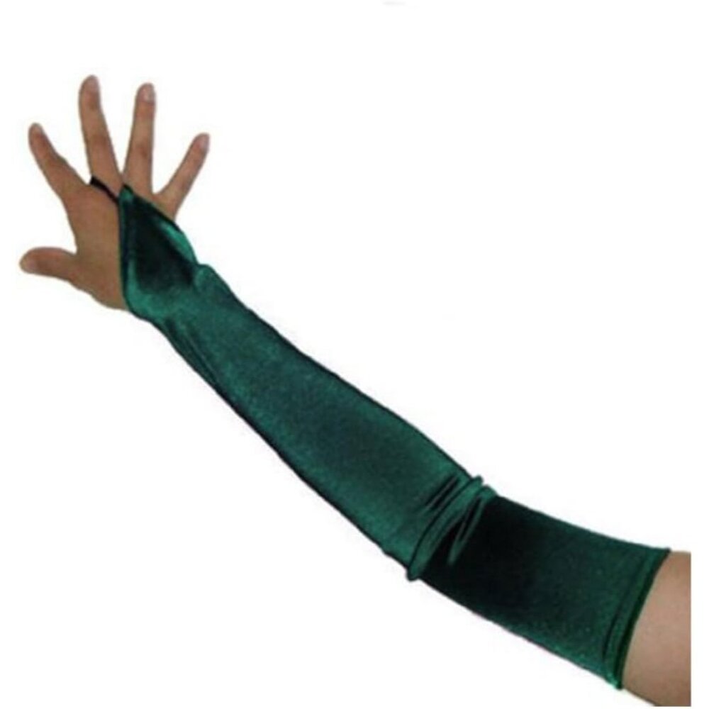 Women's Forest Green Finger Loop Fingerless Long Satin Gloves Wedding Party Prom